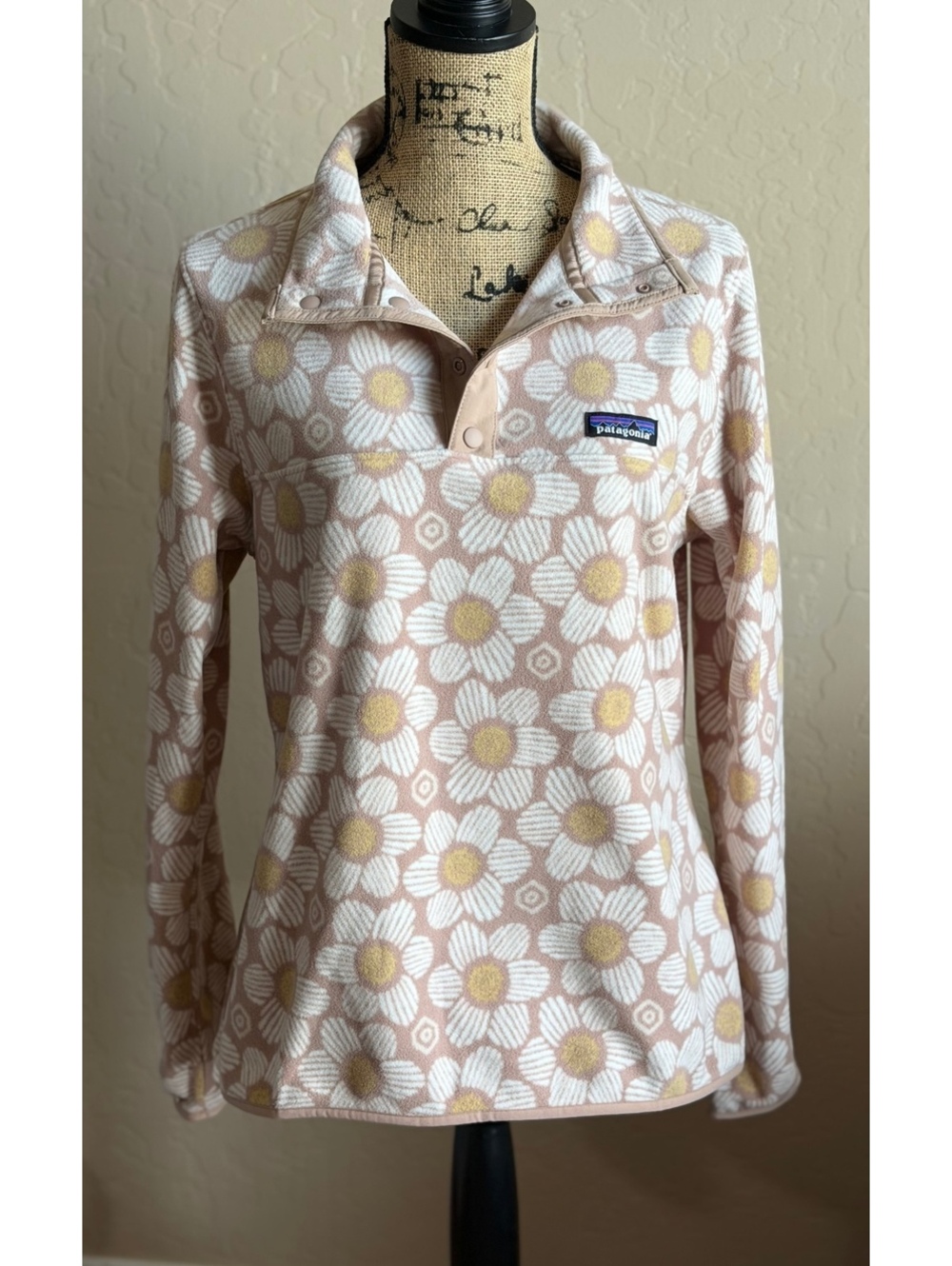 Patagonia Micro D Snap-T Pullover Womens M Matilija Poppy Floral Tan Fleece